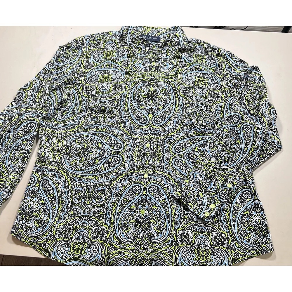 Jones New York Signature Woman 2X Paisley Button Front Blouse Lime Blue 307W3D3